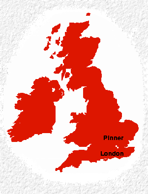 Map of the UK showing Pinner relative to London